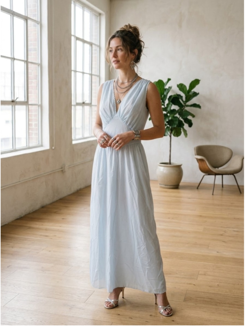Vintage 1950s Laros Sky Blue Grecian Maxi Dress Nightgown Empire S/M